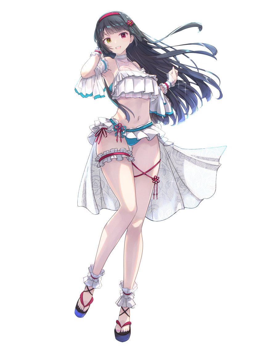 1girl, arm_up, bare_shoulders, bikini, black_hair, dairoku_ryouhei, flip-flops, flower