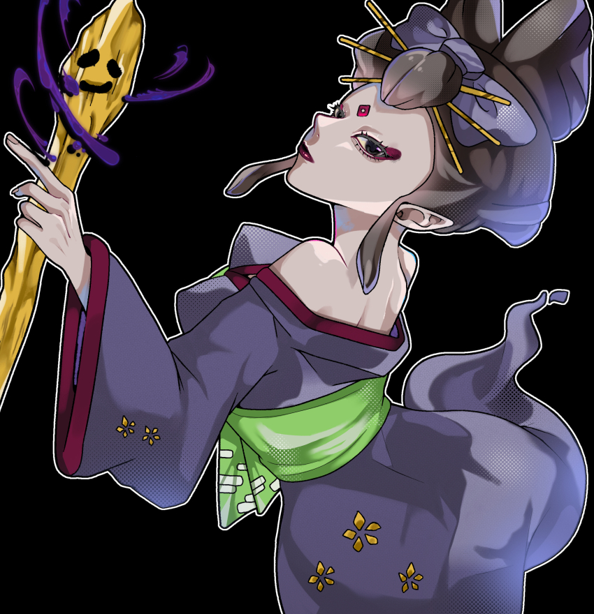 1girl, 4tuk1, absurdres, bare_shoulders, black_background, black_eyes, black_hair, closed_mouth