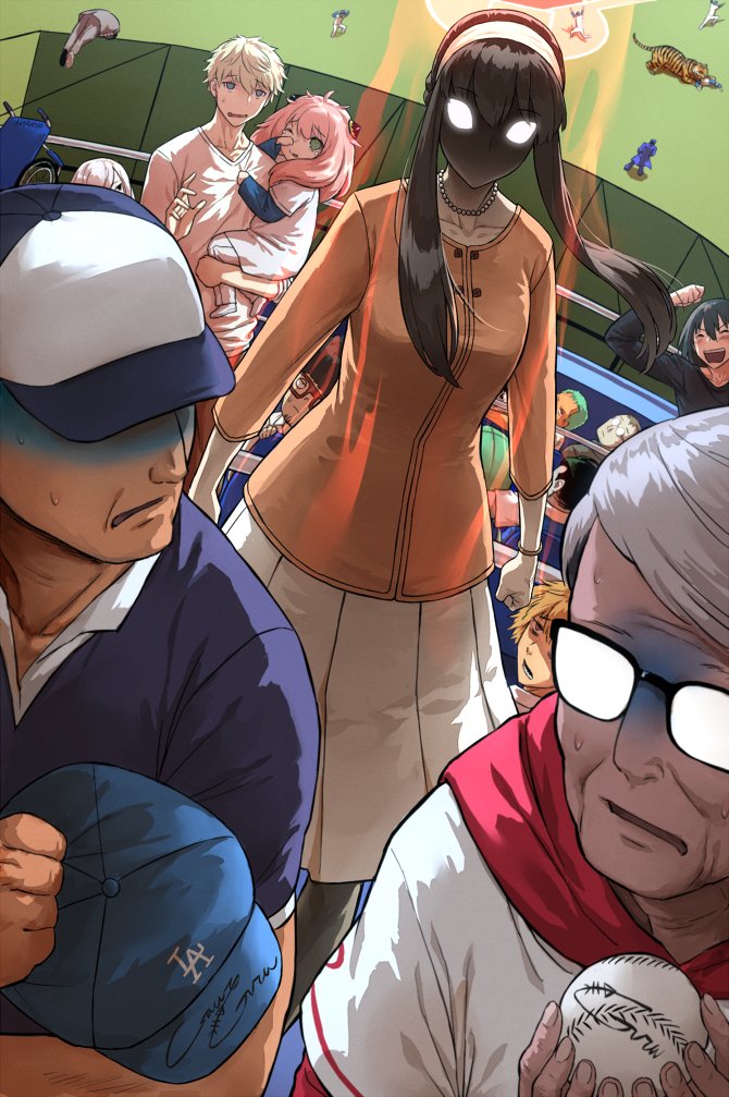 4girls, 6+boys, angry, anya_(spy_x_family), aura, baseball, baseball_cap, baseball_stadium