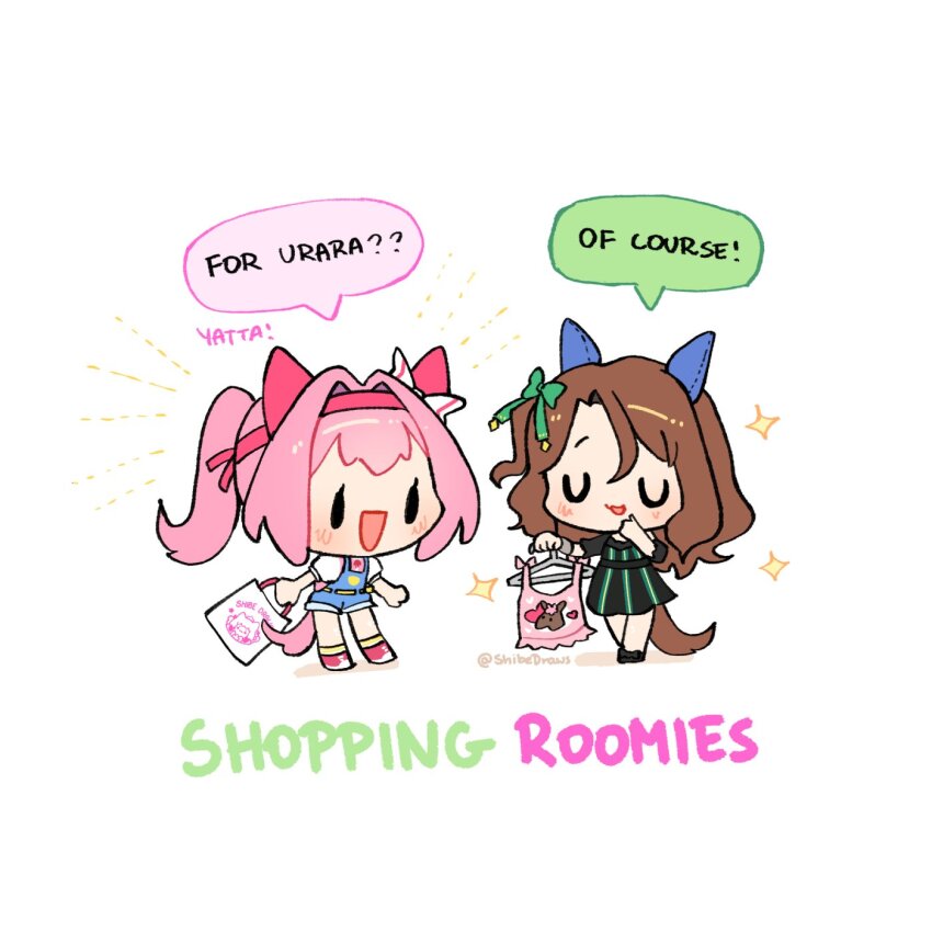 1girl, 2girls, animal_ears, bag, black_dress, blue_overalls, blush, bow