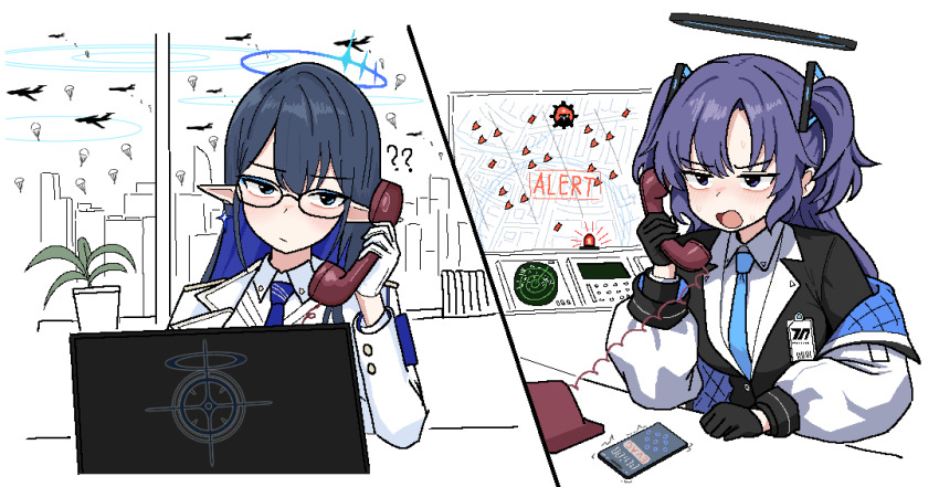 2girls, ?, ??, aircraft, airplane, armband, black_gloves, black_halo