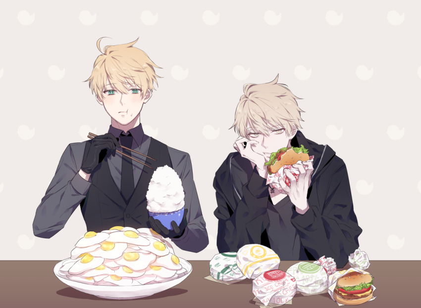 2boys, ahoge, arthur_pendragon_(fate), arthur_pendragon_alter_(fate), black_gloves, black_hoodie, black_shirt, black_vest