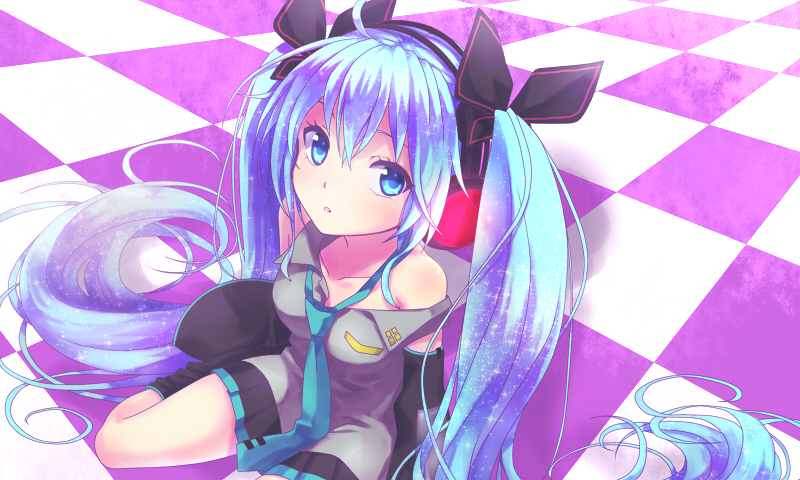 1girl, blue_eyes, blue_hair, checkered_floor, detached_sleeves, female_focus, floor, hatsune_miku