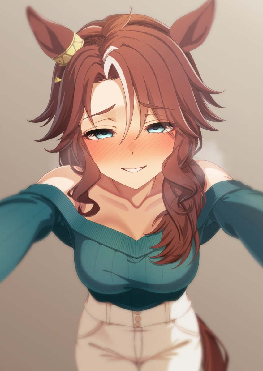 1girl, alternate_costume, alternate_hairstyle, animal_ears, blue_eyes, blush, brown_hair, buttons, collarbone, furrowed_brow, green_sweater, hair_between_eyes, highres, horse_ears, horse_girl, horse_tail, inukai_nagisa, leaning_forward, looking_at_viewer, mejiro_palmer_(umamusume), pants, parted_bangs, pocket, pov, simple_background, sleeveless, sleeveless_sweater, smile, solo_focus, sweater, tail, umamusume, white_pants