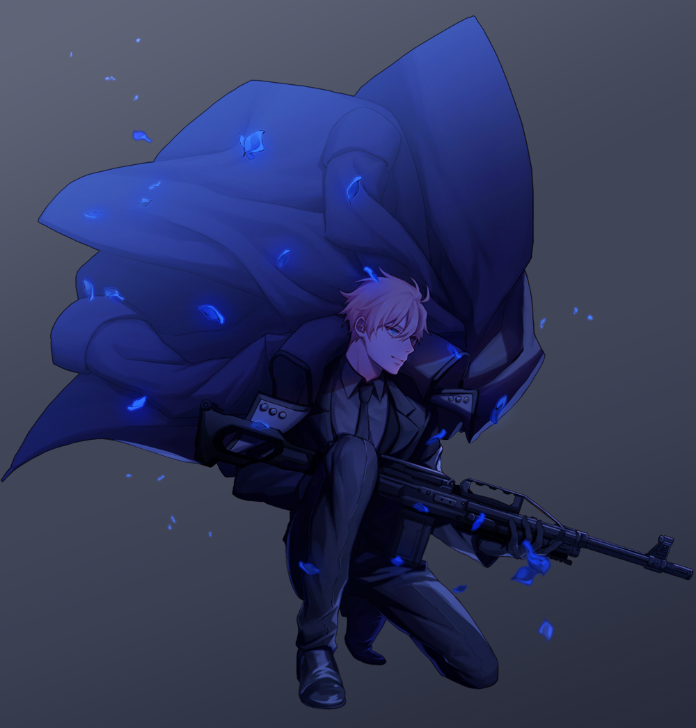 1boy, ahoge, arthur_pendragon_(fate), assault_rifle, black_gloves, black_jacket, black_necktie, black_pants, black_shoes, black_vest, blonde_hair, blue_coat, blue_eyes, bomya, buttons, closed_mouth, coat, collared_shirt, fate/grand_order, fate_(series), floating_clothes, formal_clothes, full_body, gloves, gradient_background, grey_background, grey_jacket, gun, hair_between_eyes, holding, holding_gun, holding_weapon, jacket, lapels, long_sleeves, looking_to_the_side, male_focus, necktie, on_one_knee, open_clothes, open_coat, pants, petals, rifle, shirt, shoes, short_hair, simple_background, smile, solo, suit, suit_jacket, vest, weapon