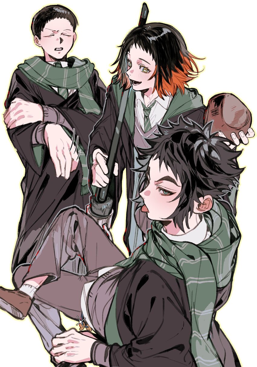 1girl, 2boys, arm_up, black_hair, brown_pants, closed_mouth, collared_shirt, green_necktie