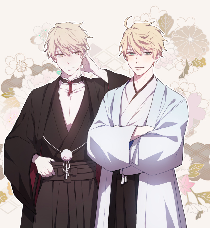 2boys, ahoge, arthur_pendragon_(fate), arthur_pendragon_alter_(fate), black_choker, black_haori, black_kimono, black_pants
