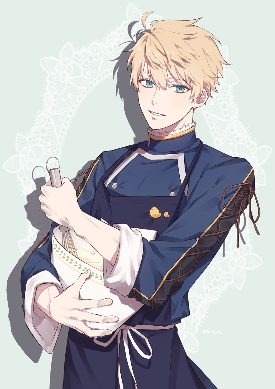 1boy, ahoge, animal_print, apron, arthur_pendragon_(fate), bird_print, blonde_hair, blue_shirt