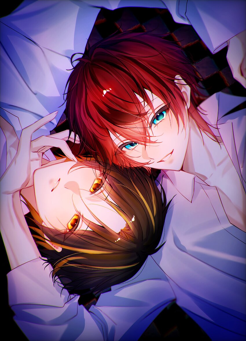 2boys, absurdres, aqua_eyes, bimigohan16, black_hair, dark_background, hair_between_eyes, hand_on_another's_chin