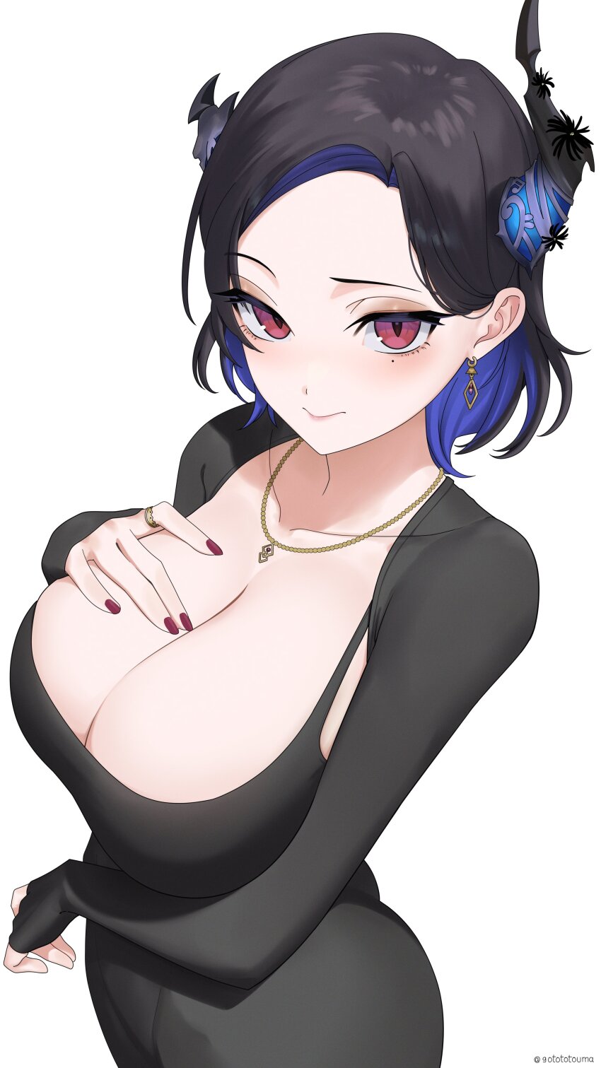 1girl, absurdres, asymmetrical_horns, black_dress, black_hair, black_horns, blue_hair, breasts