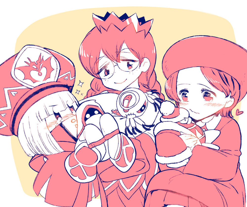 3girls, adeleine, bandaid, beret, blush, braid, crown, freckles