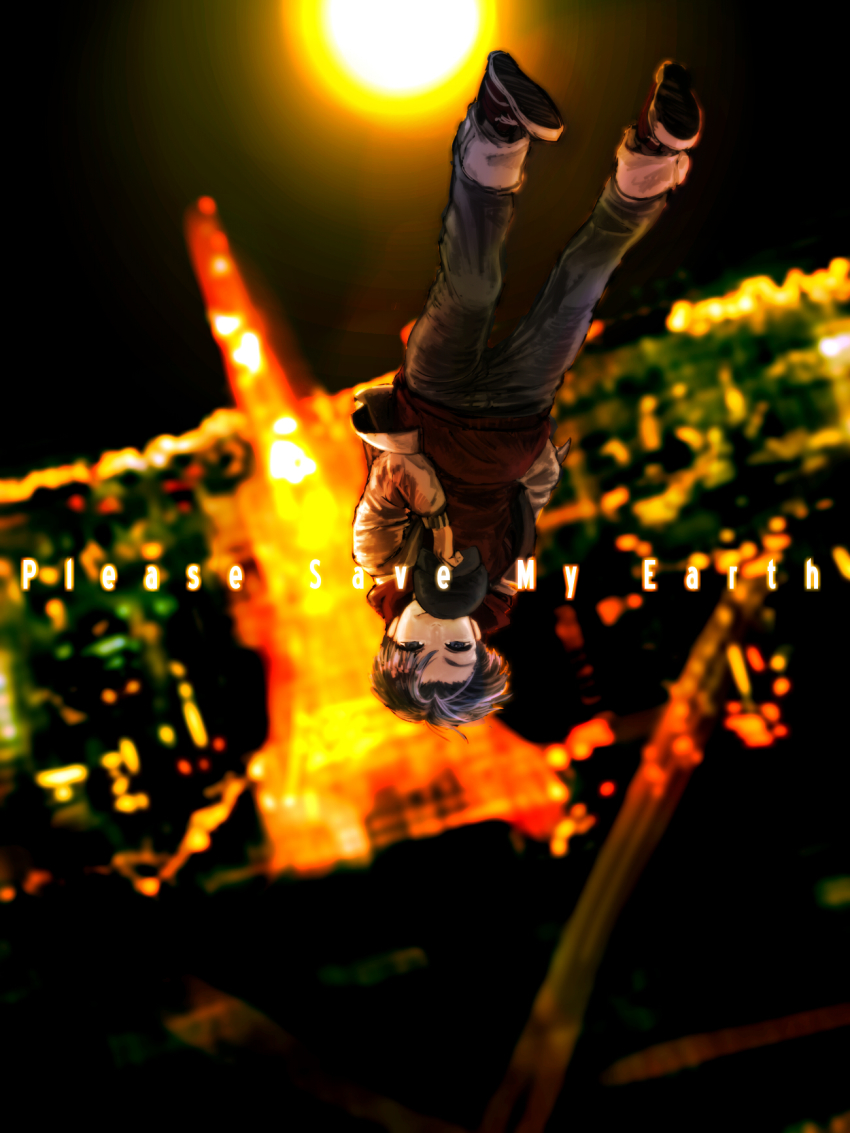 1girl, baseball_cap, boku_no_chikyuu_o_mamotte, casual, cityscape, copyright_name, denim, female_focus