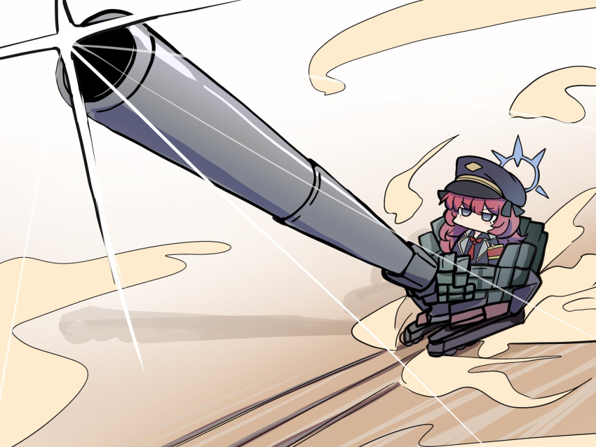 1girl, armband, black_hat, black_jacket, black_shirt, blue_archive, cannon, chibi, collared_shirt, glint, grey_eyes, hair_between_eyes, halo, hat, highres, iroha_(blue_archive), jacket, jitome, kawamochi_(kawauti919), long_hair, necktie, open_clothes, open_jacket, peaked_cap, red_hair, red_necktie, shirt, smoke, solo, superdreadnought_rail_cannon_gustav_max, v-shaped_eyebrows, yu-gi-oh!