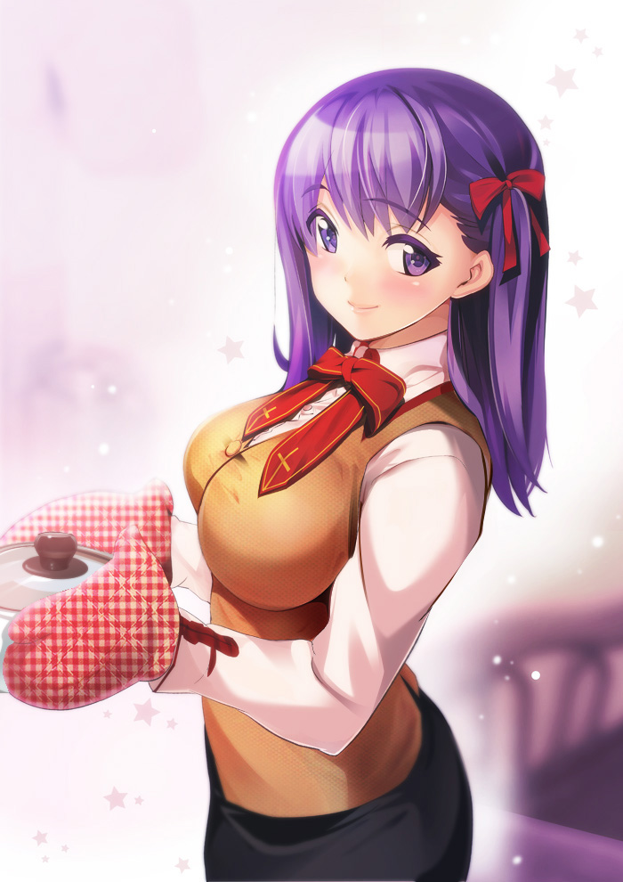 1girl, black_skirt, breasts, brown_vest, closed_mouth, commentary_request, fate_(series), from_side