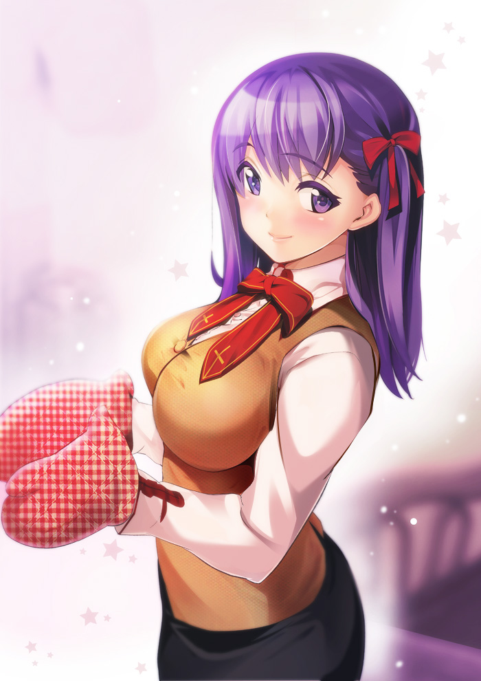 1girl, black_skirt, breasts, brown_vest, closed_mouth, commentary_request, fate_(series), from_side