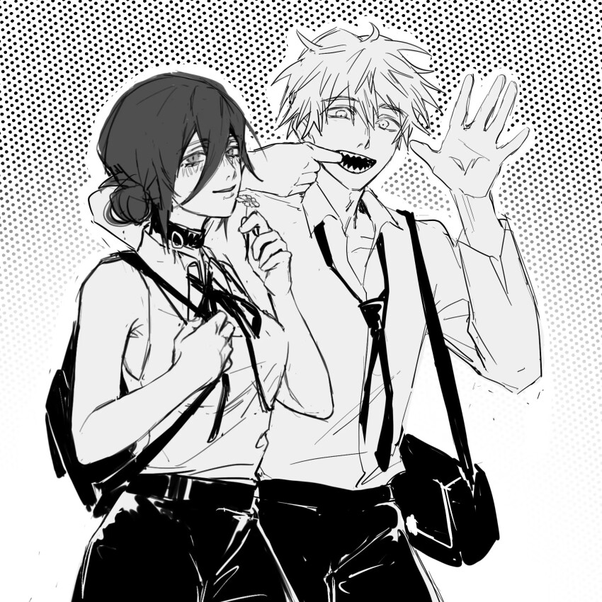 1boy, 1girl, backpack, bag, chainsaw_man, cheek_pull, choker, collared_shirt