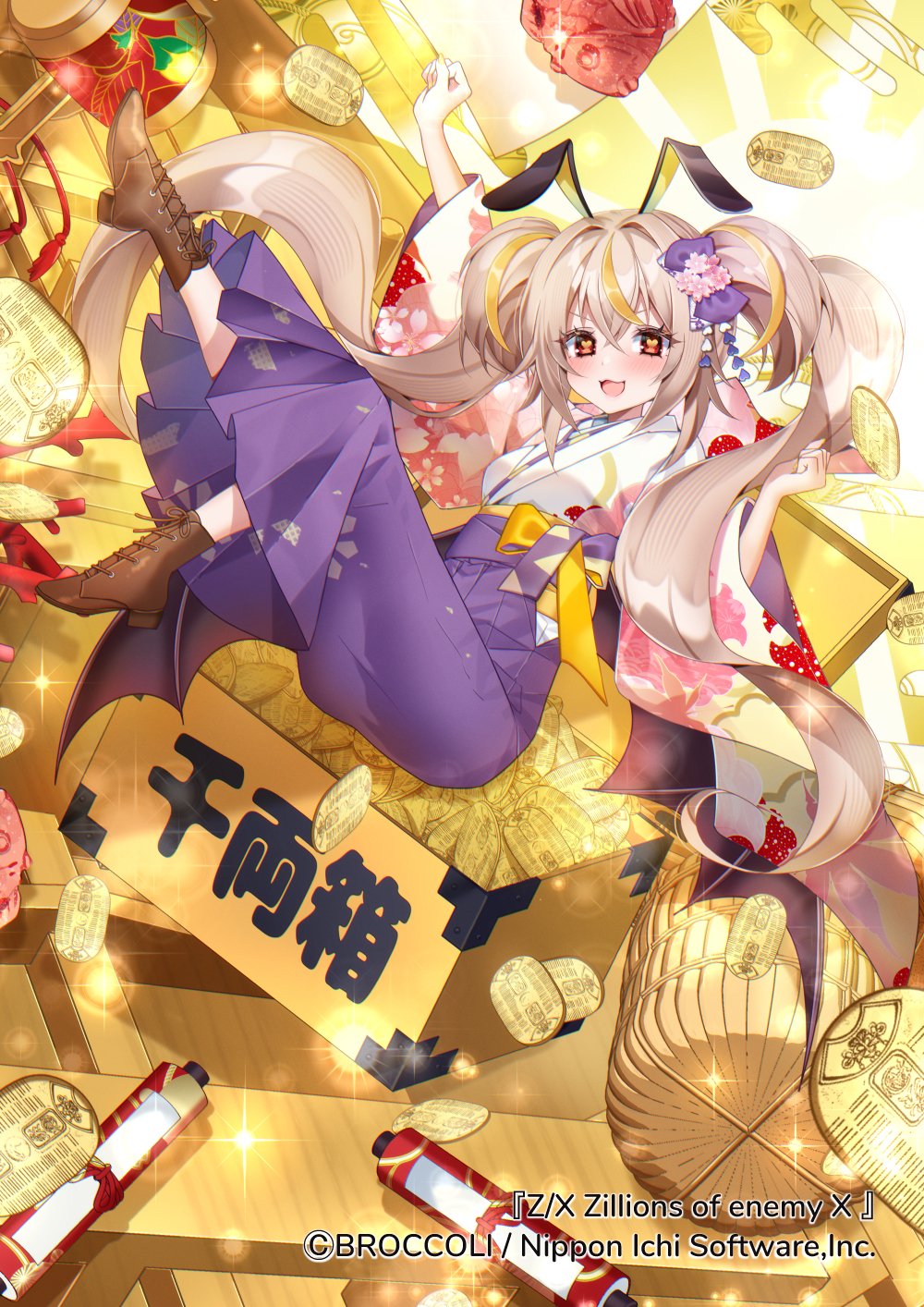 1girl, :3, animal_ears, blonde_hair, brown_hair, brown_shoes, chierishu, coin