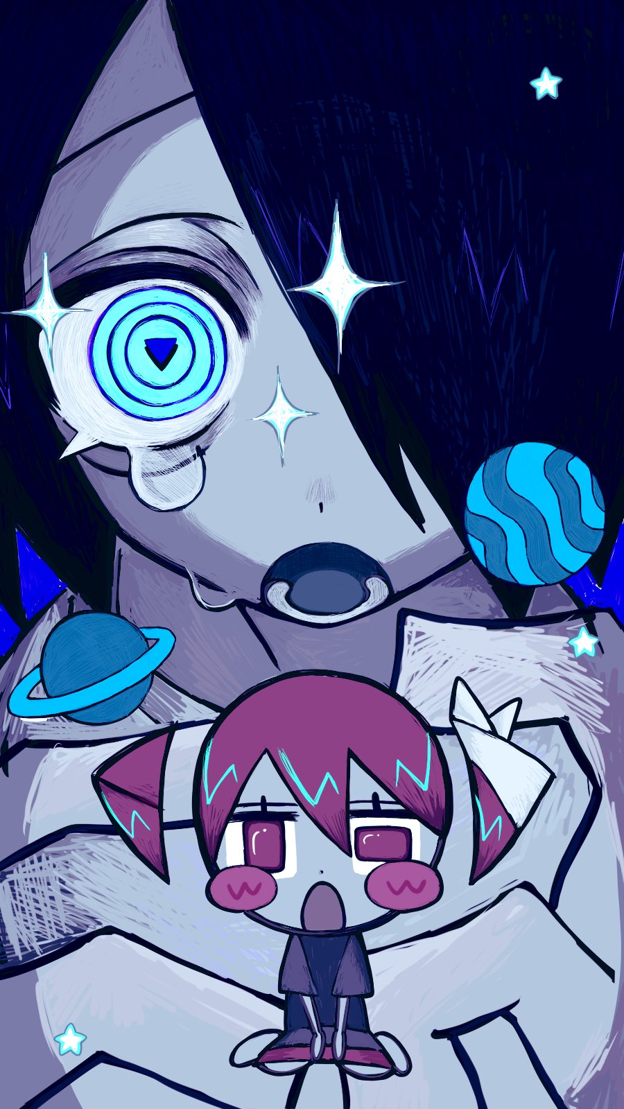 1boy, 1girl, bags_under_eyes, black_hair, blue_background, blue_eyes, blush_stickers, naturally_detached_hair, doomer_(synthesizer_v), hair_over_one_eye, hands_up, highres, kasane_teto, looking_at_viewer, mini_person, minigirl, nuoinnu, open_mouth, planet, red_eyes, red_hair, ringed_eyes, short_hair, sparkle, star_(symbol), straight-on, synthesizer_v, tearing_up, tears, utau