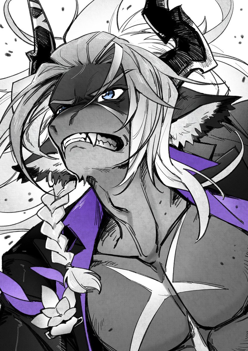 1boy, alchemy_stars, animal_ears, bara, black_shirt, blue_eyes, braid, clenched_teeth