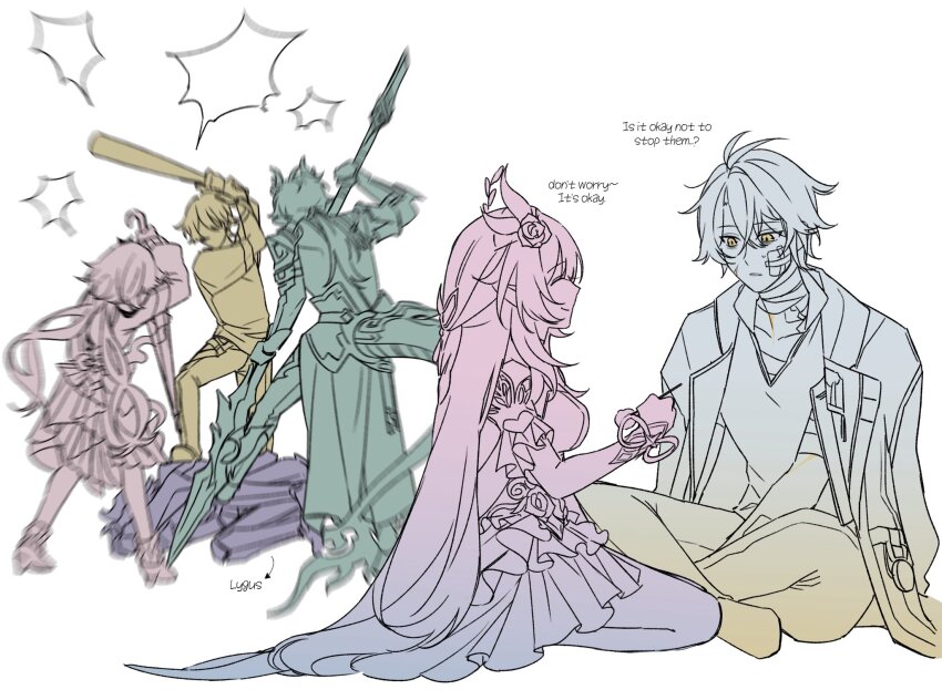 2girls, 4boys, baseball_bat, caelus_(honkai:_star_rail), coat, commentary_request, cyrene_(honkai:_star_rail), cyrene_(demiurge)_(honkai:_star_rail)