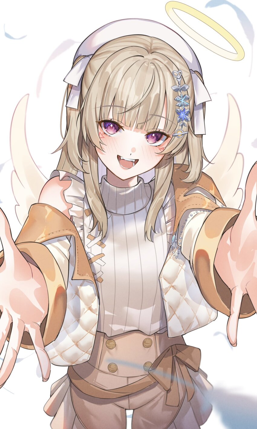 1girl, blonde_hair, blush, commentary, facial_mark, hair_ornament, halo, hat