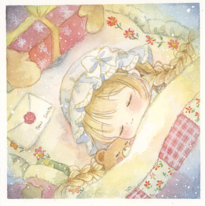 1girl, bed, blanket, blonde_hair, blush, box, braid, christmas_present