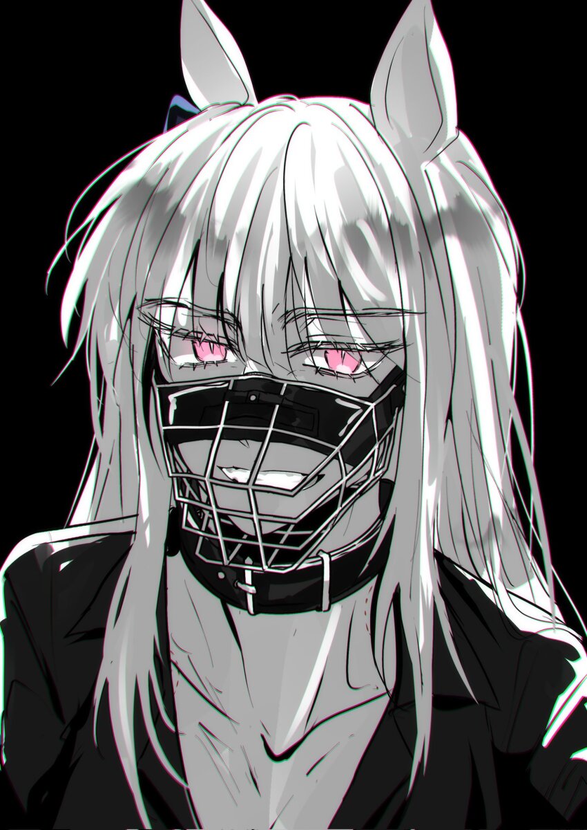 1girl, animal_collar, animal_ears, b_lt, bite_mark, bite_mark_on_neck, black_background, black_shirt