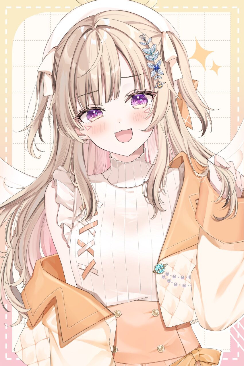 1girl, absurdres, blonde_hair, blush, commentary, facial_mark, hair_ornament, halo