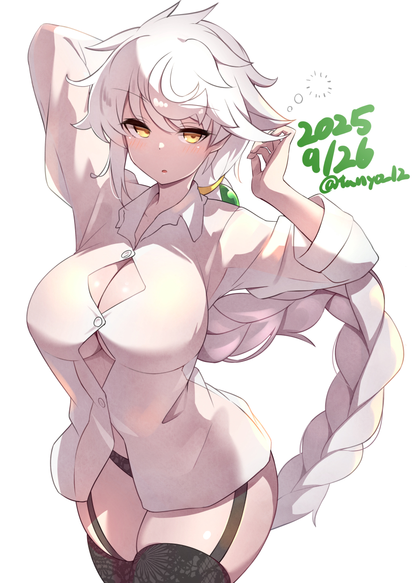 1girl, absurdres, asymmetrical_hair, black_panties, black_thighhighs, blush, braid, braided_ponytail, breasts, cleavage, cowboy_shot, dated, garter_straps, hair_ornament, highres, kantai_collection, large_breasts, long_hair, looking_at_viewer, one-hour_drawing_challenge, panties, shirt, simple_background, single_braid, solo, tanyou, thighhighs, twitter_username, underwear, unryuu_(kancolle), very_long_hair, white_background, white_hair, white_shirt, yellow_eyes