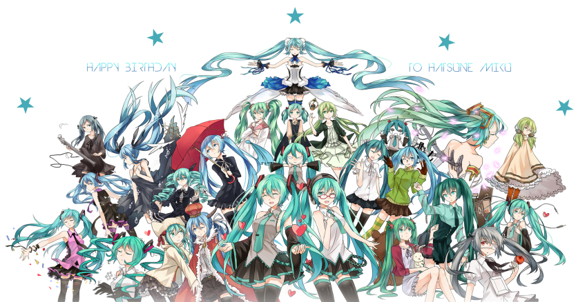 6+girls, cat_food_(vocaloid), chaining_intention_(vocaloid), clock_lock_works_(vocaloid), electric_love_(vocaloid), hatsune_miku, hatsune_miku_(lollipop), highres