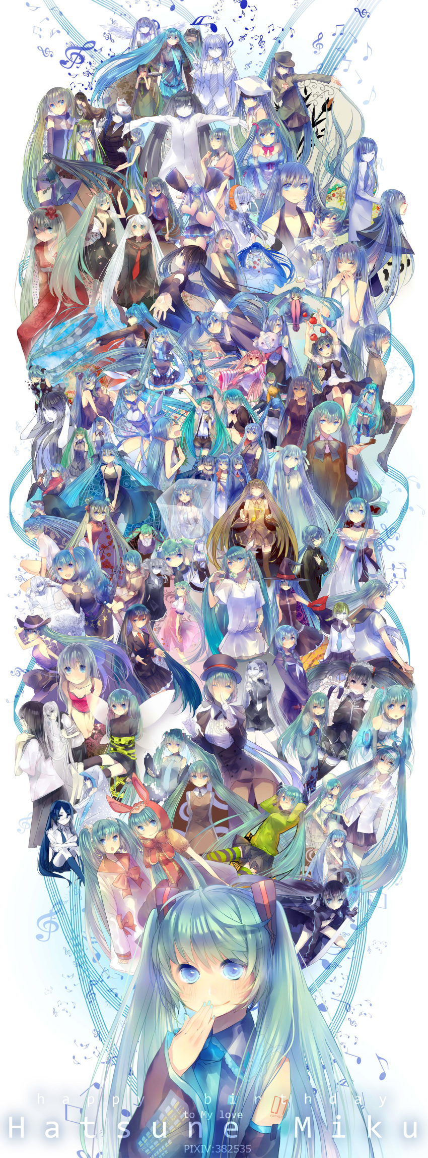 10s, 1925_(vocaloid), 1girl, absurdres, ai_kotoba_(vocaloid), annotation_request, aqua_eyes, aqua_hair, aria_(vocaloid), black_hair, black_rock_shooter, blue_eyes, blue_hair, detached_sleeves, female_focus, green_eyes, green_hair, happy_birthday, hat, hatsune_miku, hatsune_miku_(conductor_nightingale), hatsune_miku_(lollipop), hatsune_miku_(orbit), hatsune_miku_(roshin_yuukai/nitamagomix), hatsune_miku_(saihate), hatsune_miku_no_shoushitsu_(vocaloid), hello_planet_(vocaloid), highres, himitsu_keisatsu_(vocaloid), kasoku_sekai_-_accel_world_(vocaloid), kasou_kyoku_(vocaloid), kimi_ijou_boku_miman_(vocaloid), koi_wa_sensou_(vocaloid), kusari_no_shoujo_(vocaloid), lol_-lots_of_laugh-_(vocaloid), long_hair, long_image, marionette_(vocaloid), matching_hair/eyes, matryoshka_(vocaloid), melt_(vocaloid), miracle_paint_(vocaloid), mizubako_(vocaloid), monochro_blue_sky_(vocaloid), mrs.pumpkin_no_kokkei_na_yume_(vocaloid), musunde_hiraite_rasetsu_to_mukuro_(vocaloid), necktie, nicohi, nisoku_hokou_(vocaloid), panda_no_kodomo_(vocaloid), poppippoo_(vocaloid), rinne_(vocaloid), rolling_girl_(vocaloid), romeo_to_cinderella_(vocaloid), roshin_yuukai_(vocaloid), saihate_(vocaloid), school_uniform, serafuku, shinkai_shoujo_(vocaloid), shiroi_yuki_no_princess_wa_(vocaloid), skirt, solo, songover, sora_no_sakana_(vocaloid), spica_(vocaloid), tall_image, thighhighs, torinoko_city_(vocaloid), tsumi_to_batsu_(vocaloid), twintails, very_long_hair, vocaloid, witch_hat, world_is_mine_(vocaloid), yami-iro_alice_(vocaloid), youthful_days'_graffiti_(vocaloid)