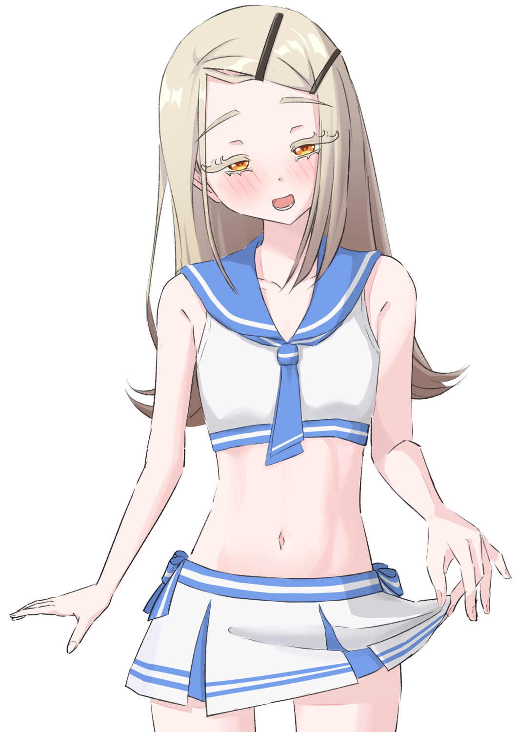 1girl, bikini, bikini_skirt, blonde_hair, blue_sailor_collar, blush, choda, collarbone, colored_eyelashes, cowboy_shot, flipped_hair, gakuen_idolmaster, highres, idolmaster, long_hair, looking_at_viewer, navel, orange_eyes, sailor_bikini, sailor_collar, sailor_swimsuit_(idolmaster), shinosawa_hiro, simple_background, smile, solo, stomach, swimsuit, white_background
