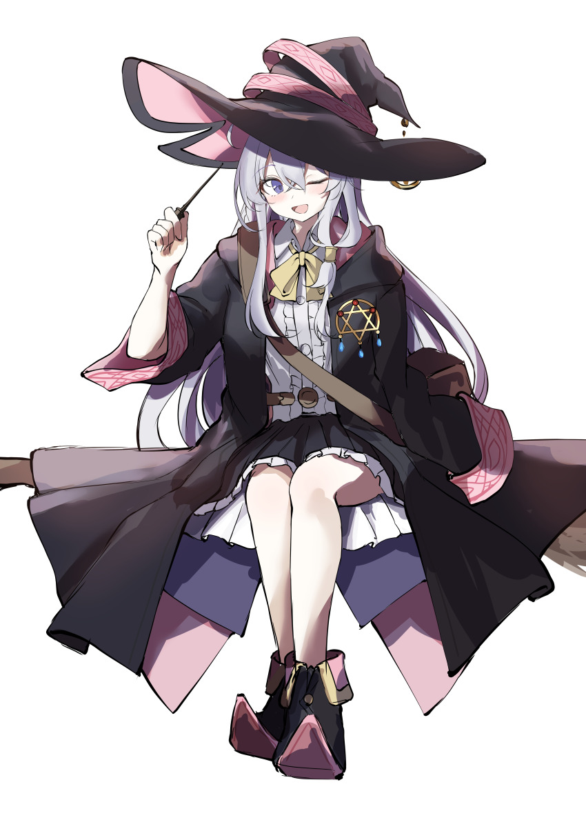 1girl, ;d, absurdres, black_cloak, black_hat, black_skirt, bow, broom