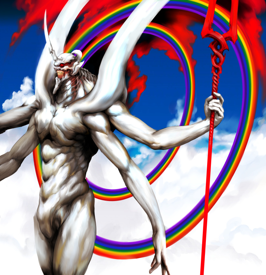 1other, absurdres, biomechanical, clenched_teeth, cloud, colored_skin, cowboy_shot, eva_13