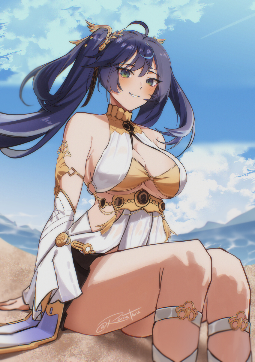 1girl, absurdres, ahoge, ancient_greek_clothes, armlet, bare_shoulders, black_skirt, blue_eyes