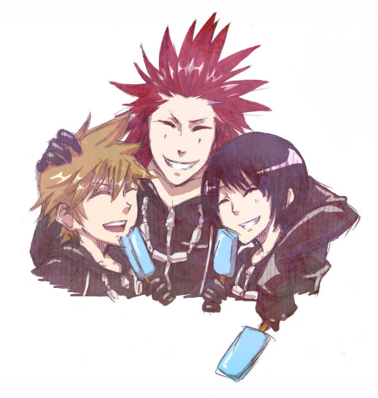 1girl, 2boys, a5_arashi, axel, black_coat_(kingdom_hearts), black_hair, blonde_hair, cloak, closed_eyes, facial_mark, food, gloves, ice_cream, kingdom_hearts, kingdom_hearts_358/2_days, multiple_boys, red_hair, roxas, short_hair, xion_(kingdom_hearts)