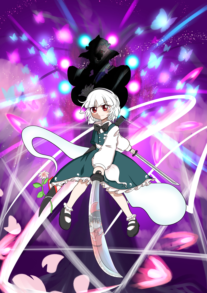 3girls, absurdres, black_bow, black_bowtie, black_hairband, black_shoes, bow, bow_hairband