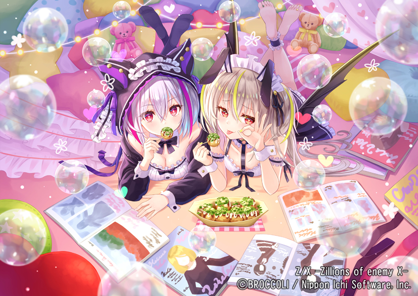 2girls, animal_ear_hood, animal_ears, bat_wings, black_bow, black_bowtie, black_socks, blonde_hair, book, bow, bowtie, breasts, bubble, cleavage, closed_mouth, copyright_notice, crossed_legs, fake_animal_ears, food, grey_hair, hair_ornament, hastur_(z/x), headdress, heart, heart-shaped_pupils, holding, holding_food, hood, lying, medium_breasts, multicolored_hair, multiple_girls, official_art, on_stomach, open_book, pinching_gesture, pinching_own_cheek, pink_hair, rabbit_ears, red_eyes, shirt, socks, stuffed_animal, stuffed_toy, symbol-shaped_pupils, tadokoro_teppei, takoyaki, teddy_bear, tongue, tongue_out, white_shirt, white_wrist_cuffs, wings, wrist_cuffs, yato_urara, z/x