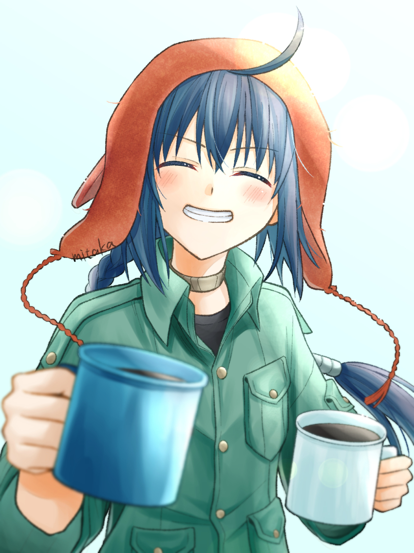 1other, ahoge, beanie, black_hair, braid, brown_choker, buttons, choker