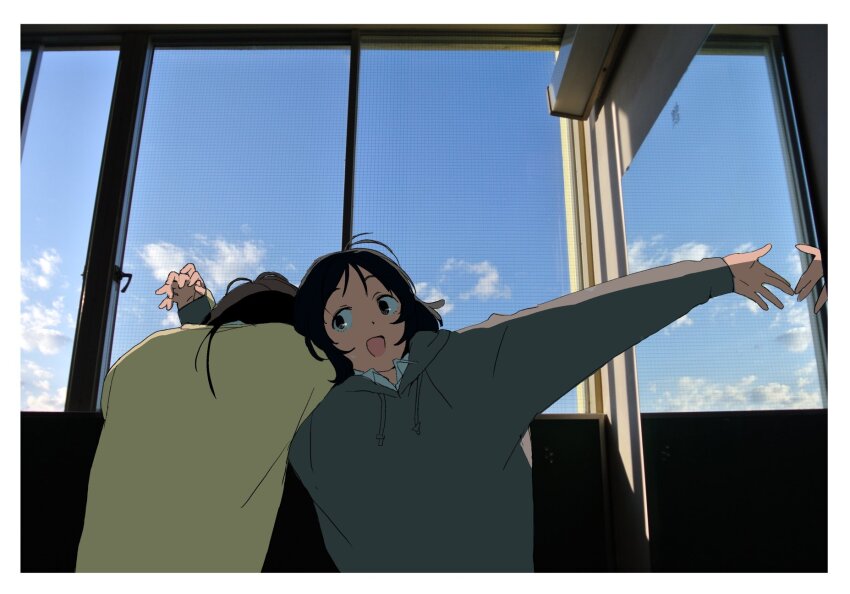 2girls, :d, black_eyes, black_hair, blue_sky, cloud, cloudy_sky, day