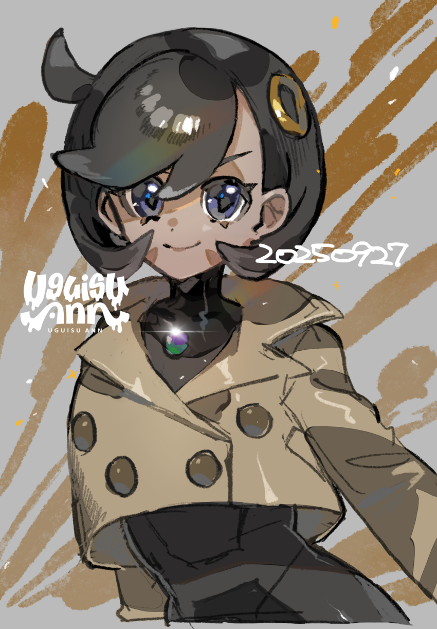 1girl, black_hair, bodysuit, bodysuit_under_clothes, brown_jacket, closed_mouth, collared_jacket, commentary_request, dated, emma_(pokemon), eyelashes, glint, happy, highres, jacket, nintendo, pokemon, pokemon_legends:_z-a, short_hair, smile, solo, uguisu_ann, upper_body