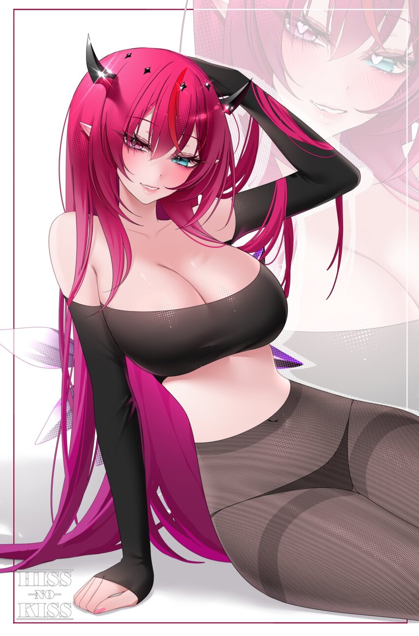 1girl, bare_shoulders, black_panties, black_sleeves, black_tube_top, blue_eyes, breasts, cleavage