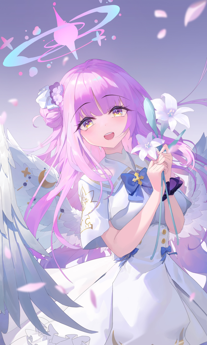 1girl, absurdres, angel_wings, blue_archive, blue_bow, blush, bow, breasts