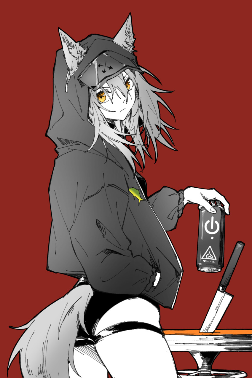 1girl, animal_ears, arknights, arrow_(symbol), ass, can, chinese_commentary, closed_mouth