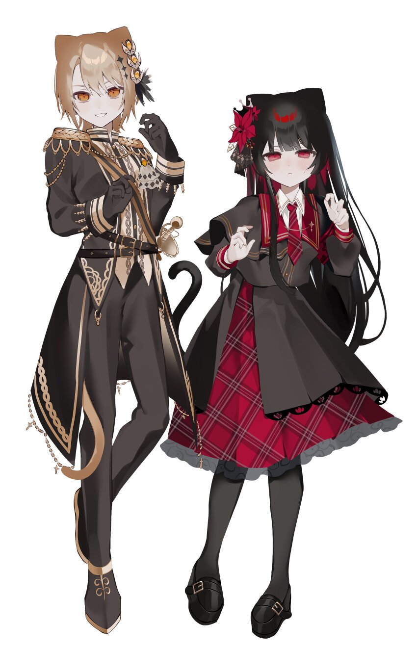 2girls, absurdres, animal_ears, belt, black_belt, black_gloves, black_hair, black_jacket