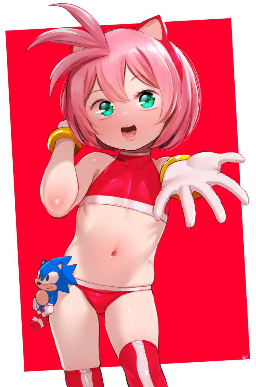 1girl, amy_rose, animal_ears, bikini, blush, born-to-die, bracelet, character_doll, doll, fake_animal_ears, flat_chest, gloves, green_eyes, hedgehog_girl, highres, humanization, jewelry, loli, looking_at_viewer, navel, open_mouth, pink_hair, reaching, reaching_towards_viewer, red_background, red_bikini, red_thighhighs, sega, short_hair, smile, sonic_(series), sonic_the_hedgehog, spiked_hair, standing, stuffed_animal, stuffed_hedgehog, stuffed_toy, swimsuit, teeth, thighhighs, white_gloves