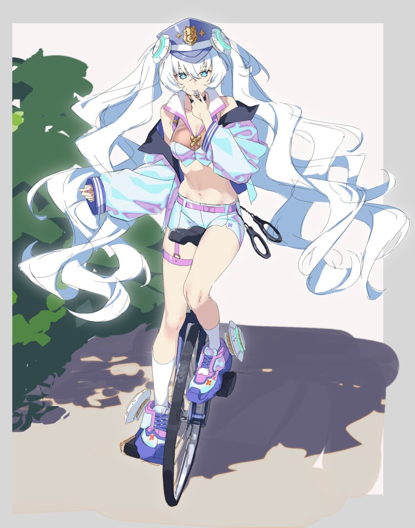 1girl, absurdres, alternate_costume, bare_shoulders, belt, black_choker, blowing_whistle, blue_eyes