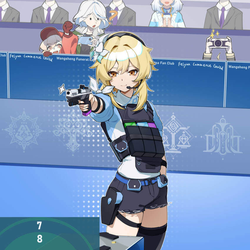 2024_summer_olympics, 4girls, absurdres, ammunition_pouch, black_thighhighs, blonde_hair, blue_shirt, brown_eyes