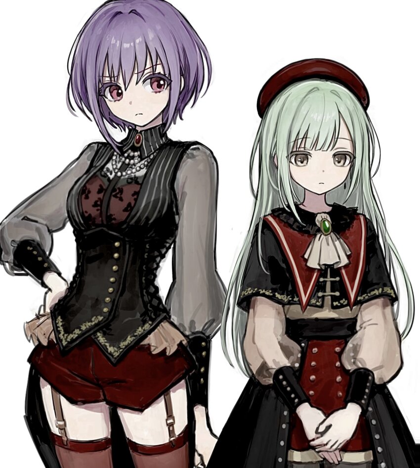 2girls, amoris_(bang_dream!), ascot, bang_dream!, bang_dream!_it's_mygo!!!!!, bead_necklace, beads, beret, black_capelet, black_corset, black_skirt, brooch, capelet, closed_mouth, commentary, corset, cowboy_shot, earrings, garter_straps, green_hair, grey_shirt, hand_on_own_hip, hat, highres, jangwa_o, jewelry, long_hair, long_sleeves, mortis_(bang_dream!), mortis_(costume)_(bang_dream!), multiple_girls, necklace, pink_eyes, purple_hair, red_hat, red_shorts, red_thighhighs, shirt, short_hair, shorts, shorts_under_skirt, showgirl_skirt, sidelocks, simple_background, skirt, thighhighs, wakaba_mutsumi, white_ascot, white_background, yuutenji_nyamu