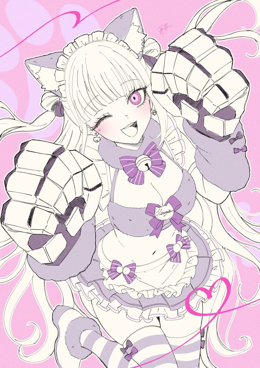 1girl, absurdres, akiba_hinagiku, animal_ears, apron, bell, bow, breasts